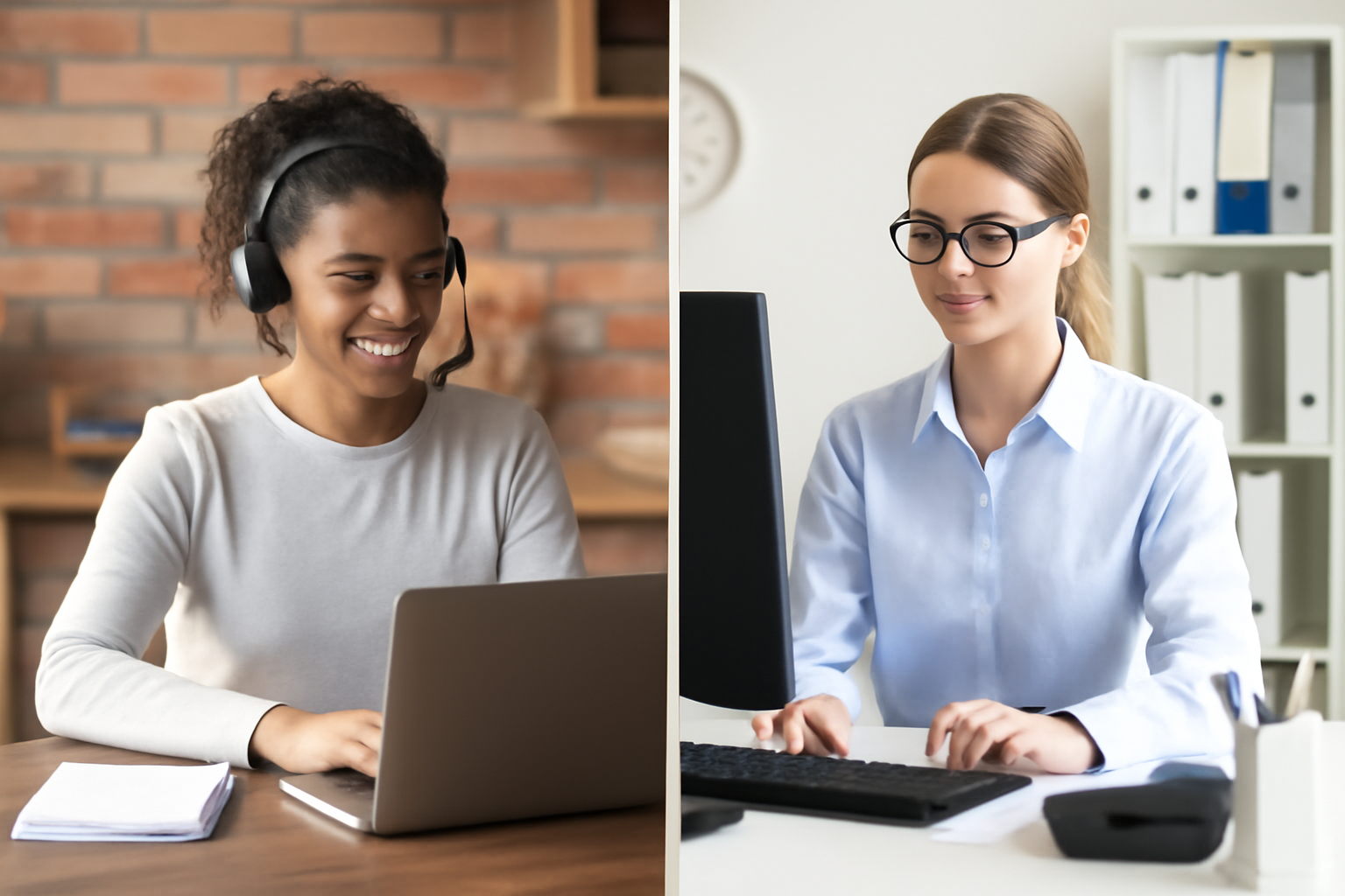 Split screen image showing a remote virtual assistant working from home on the left and an in-office administrative assistant working at a desk on the right.