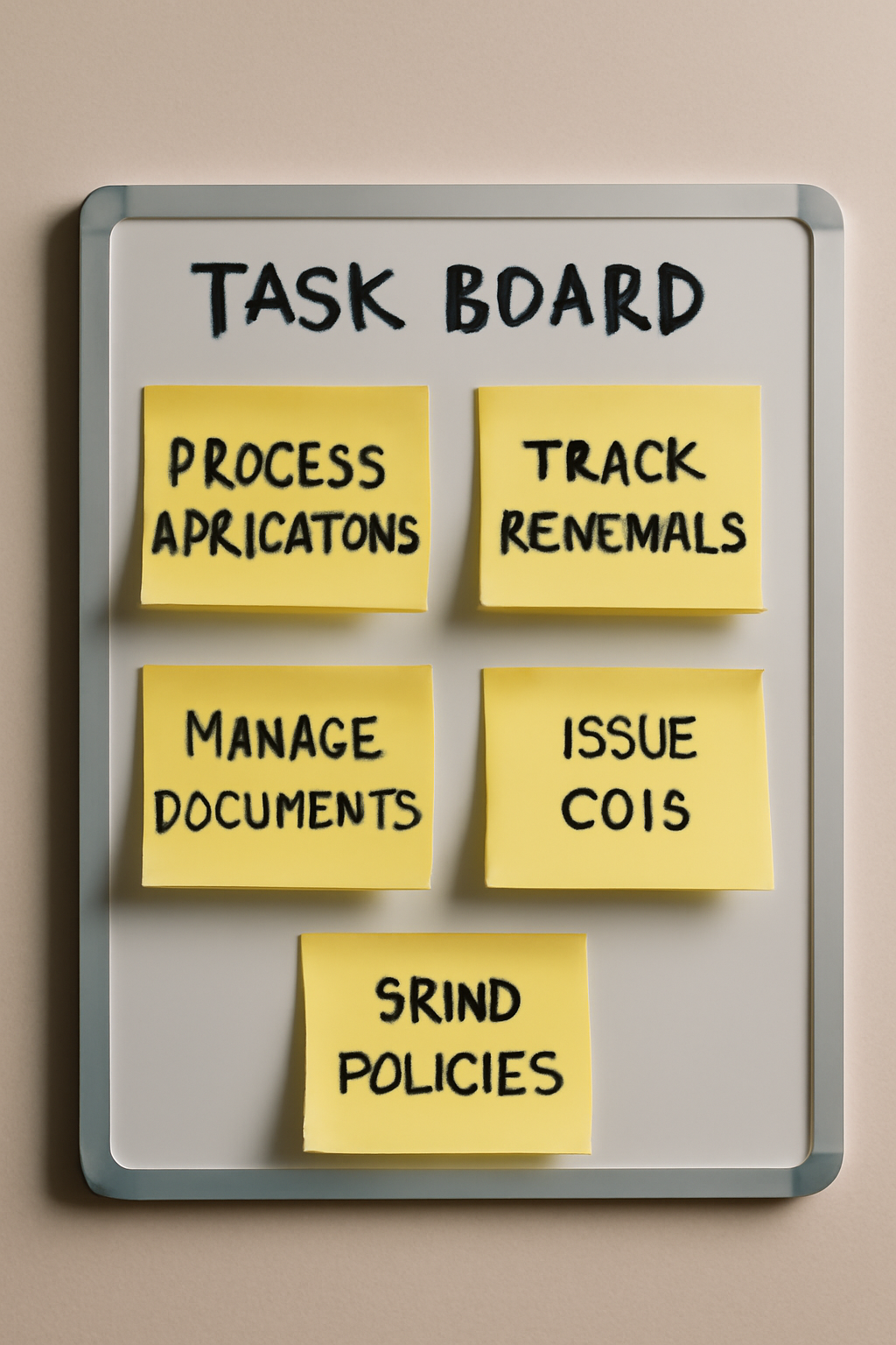 A task board mounted on a wall with yellow sticky notes displaying tasks: 'PROCESS APPLICATIONS,' 'TRACK RENEWALS,' 'ISSUE COIs,' 'MANAGE DOCUMENTS,' and 'SEND POLICIES,' organized in a clean and professional setting.