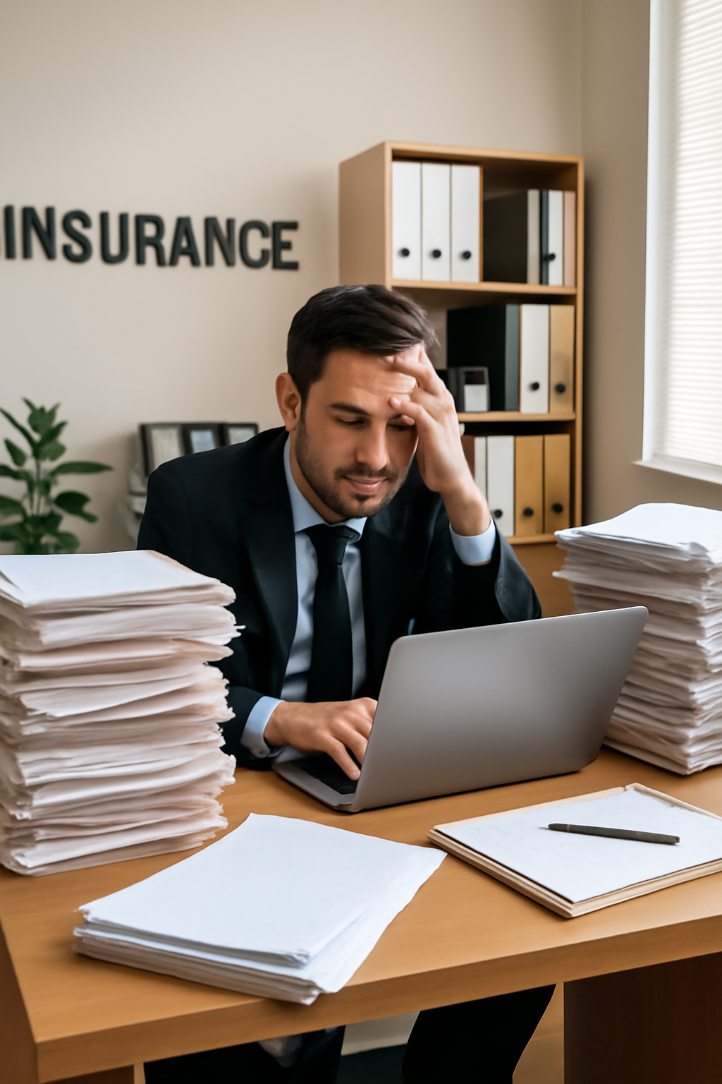 A stressed businessman in a navy suit sits at a cluttered desk in an insurance office, surrounded by stacks of paperwork while working on his laptop, with a sign reading 'INSURANCE' in the background.