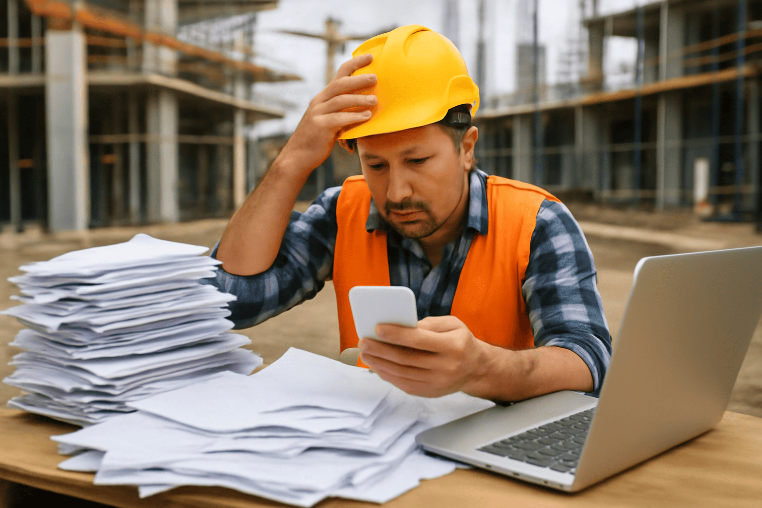 A construction worker in a yellow safety helmet and orange vest sits at a cluttered desk, surrounded by piles of paperwork and a laptop, looking stressed while holding a smartphone.