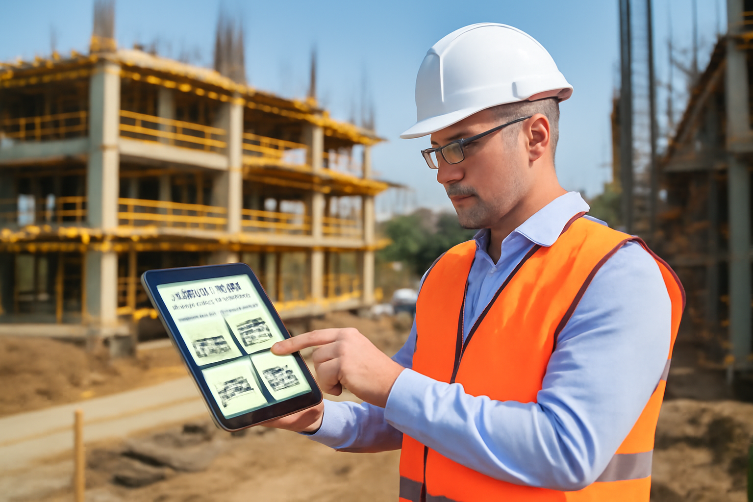 A middle-aged construction manager in a white hard hat and orange safety vest reviews job site updates on a tablet, standing in front of a building under construction with scaffolding.
