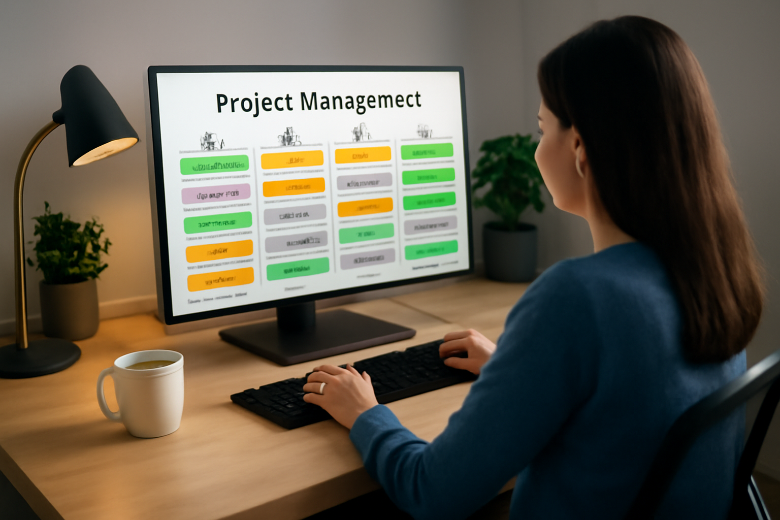 A young woman with long, straight brown hair is working in her home office, focused on reviewing job site updates on a project management dashboard displayed on her computer screen. A cup of coffee sits on the desk beside her, and plants add a calming touch to the workspace.