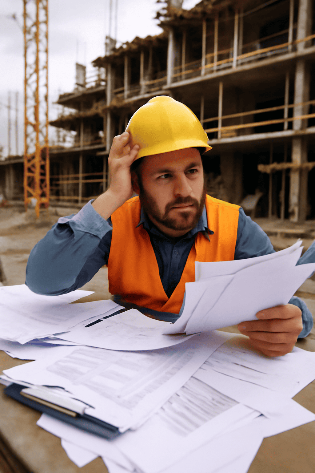 A construction worker in a yellow helmet and orange vest sits at a makeshift desk, surrounded by disorganized paperwork. He looks overwhelmed, holding papers in one hand and pressing his temple with the other, with a building and crane visible in the background.