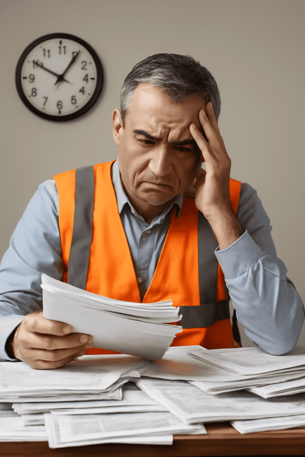 A construction project manager in an orange safety vest looks frustrated while reviewing a pile of paperwork at his desk. A clock on the wall reads 10:10, subtly indicating the pressure of time.
