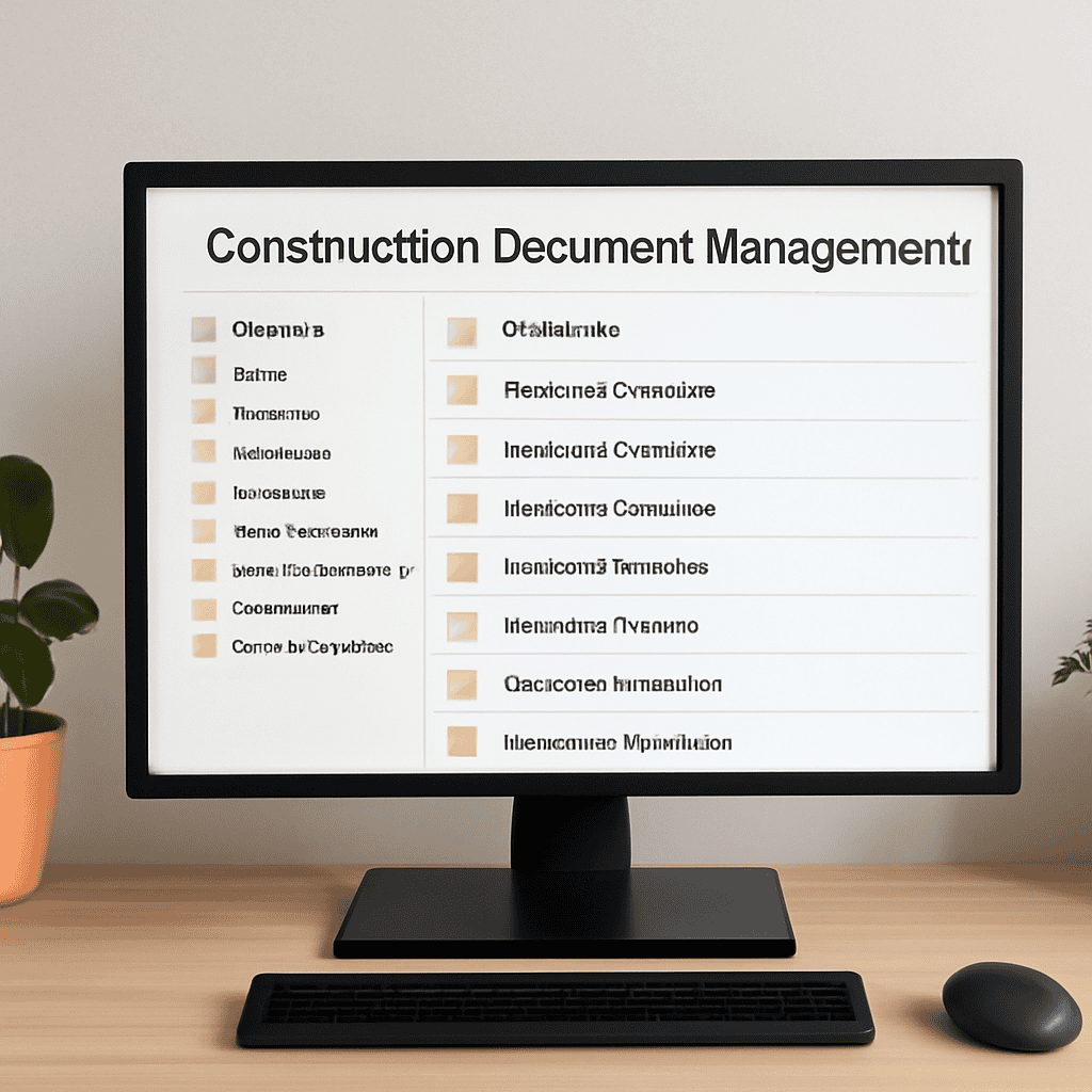 A computer screen displaying a construction document management system with neatly organized folders under categories like 'Project Plans.' The digital interface features easy access to project files, complemented by plants and soft lighting on the desk.