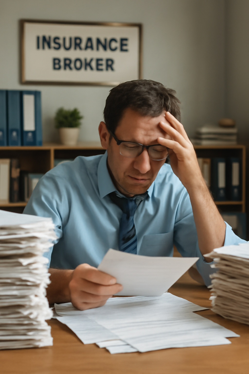 A middle-aged insurance broker with short hair is sitting at a cluttered desk, surrounded by piles of paperwork. He looks overwhelmed and stressed while reviewing the documents, clearly bogged down by administrative tasks.