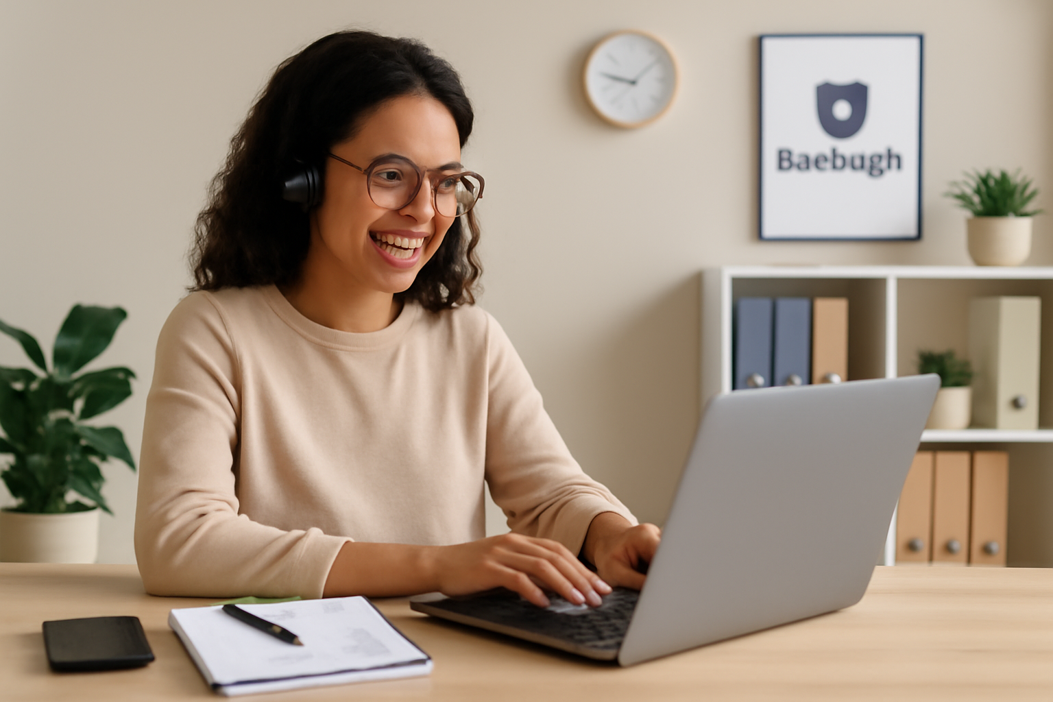 A young mixed-race woman with medium-length hair is working in a neat home office. She is sitting at a desk with a laptop, focused on handling insurance-related tasks and responding to client inquiries, with soft lighting and plants in the background.