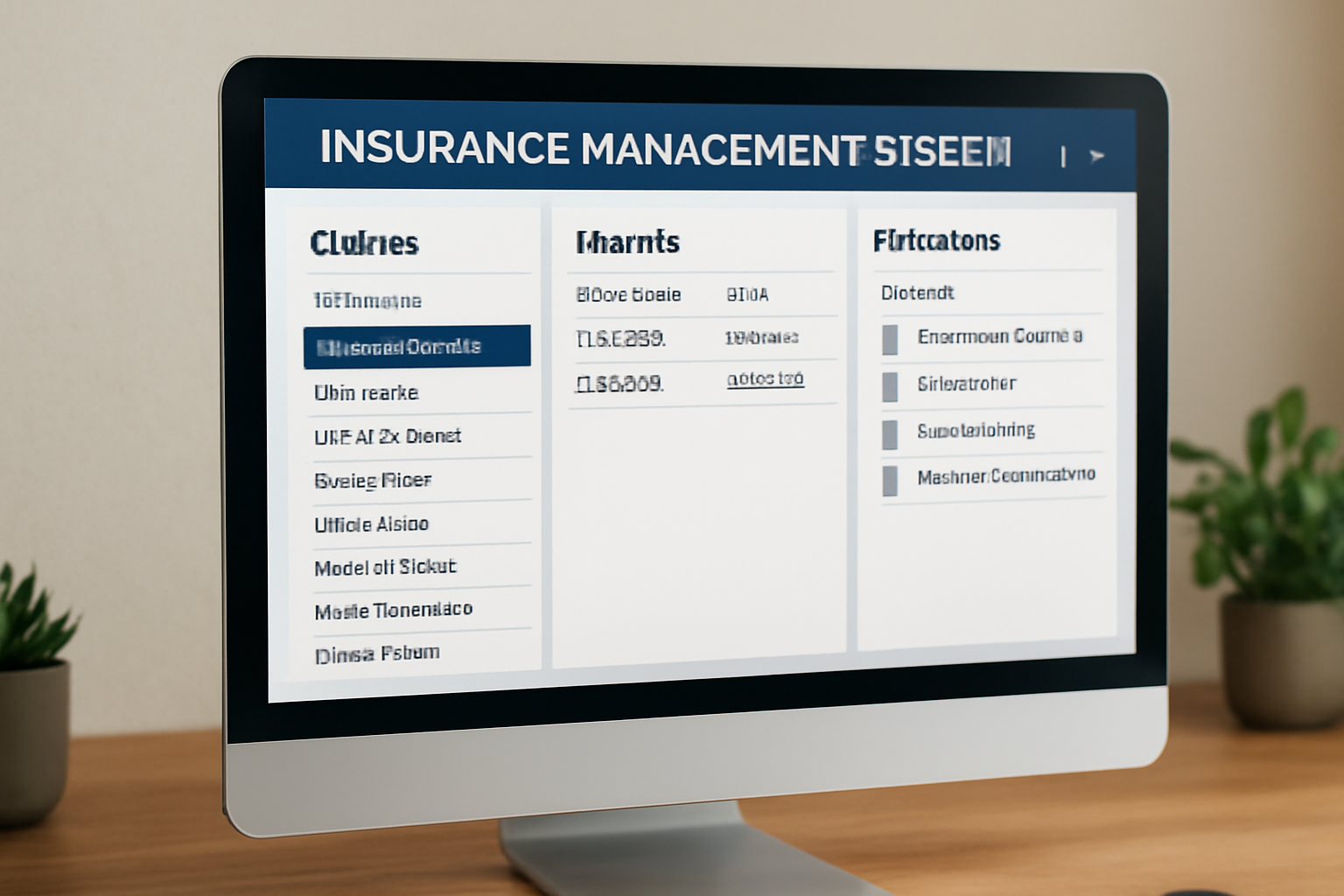 A computer screen displaying an insurance management system with organized client data, policy documents, and certificates. The interface shows clear sections for policies, certificates of insurance, and client profiles, all neatly arranged for easy access.