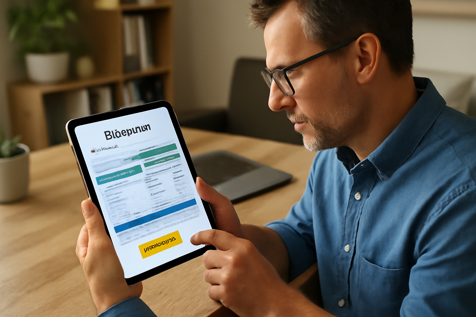 A middle-aged man with light skin, wearing a business suit, is sitting at a desk in an office, reviewing an ROI report on a tablet, analyzing the financial benefits of using virtual CSRs for his insurance brokerage.