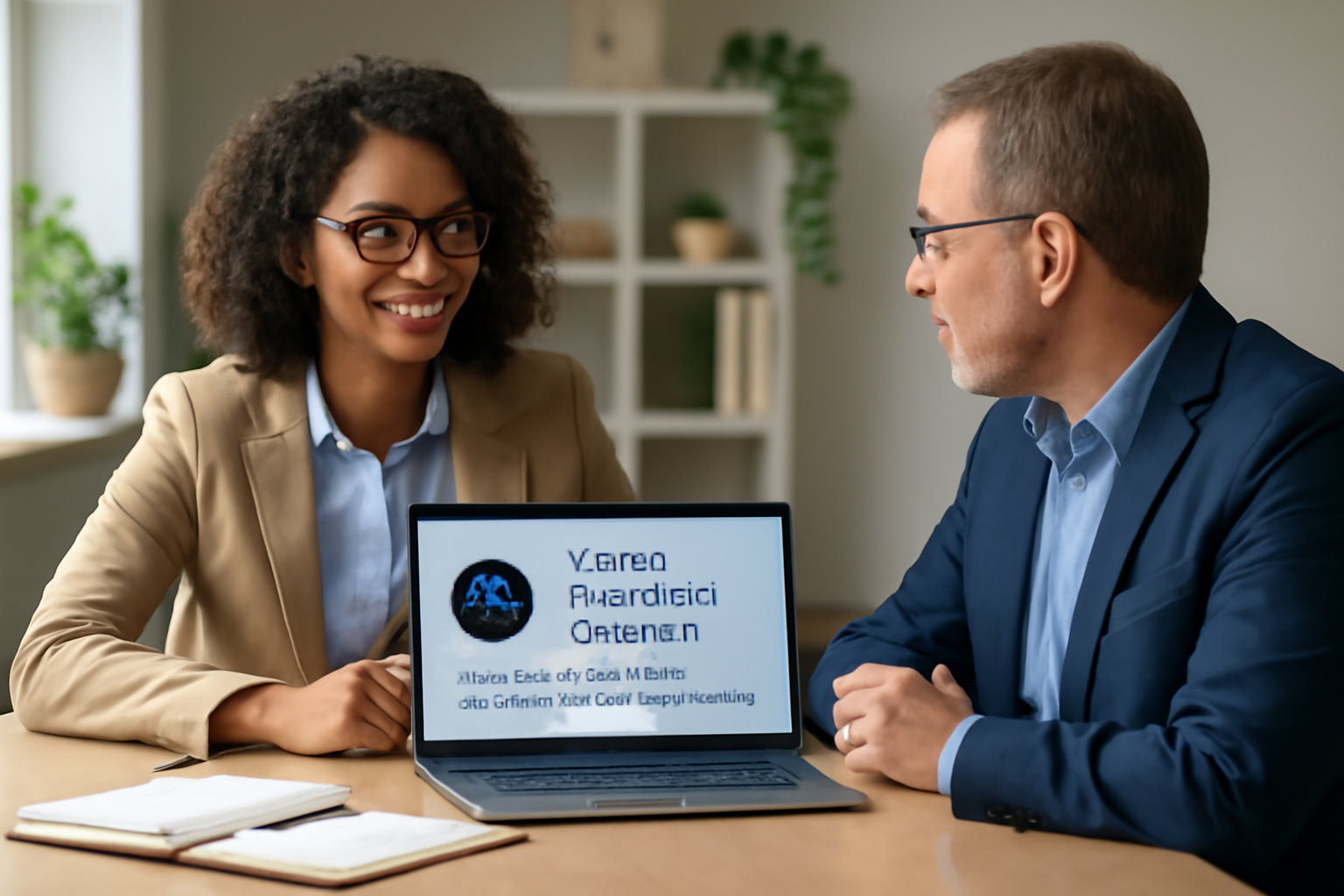 Two professionals, a business owner and a virtual assistant service provider, are engaged in a discussion about how virtual CSR services can improve operations. The business owner is seated at a desk, and the service provider is explaining a proposal or solution, with a laptop and documents on the table.