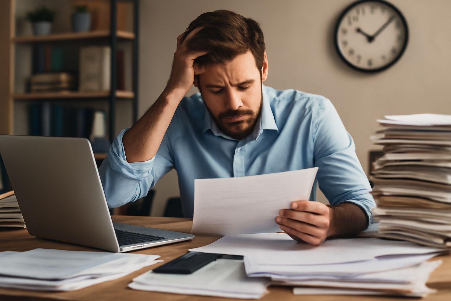 A young man in his 30s, dressed in a business shirt, sits at a cluttered desk. He looks stressed while juggling multiple tasks, surrounded by paperwork and a laptop, overwhelmed by the hustle culture.