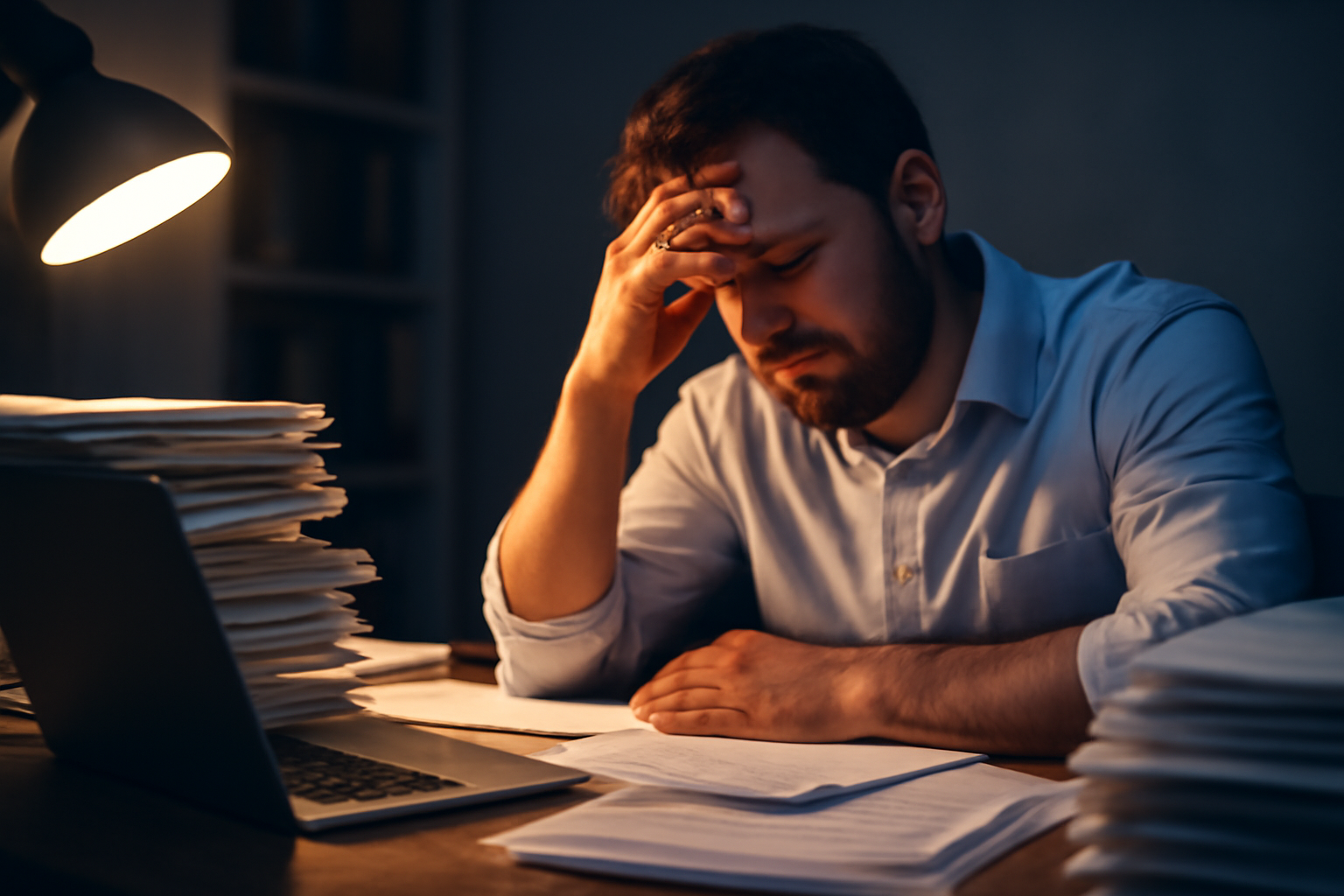 A young businessman in his early 30s sits at a desk late at night, surrounded by piles of paperwork. He looks tired and stressed, embodying the negative effects of the hustle mentality.