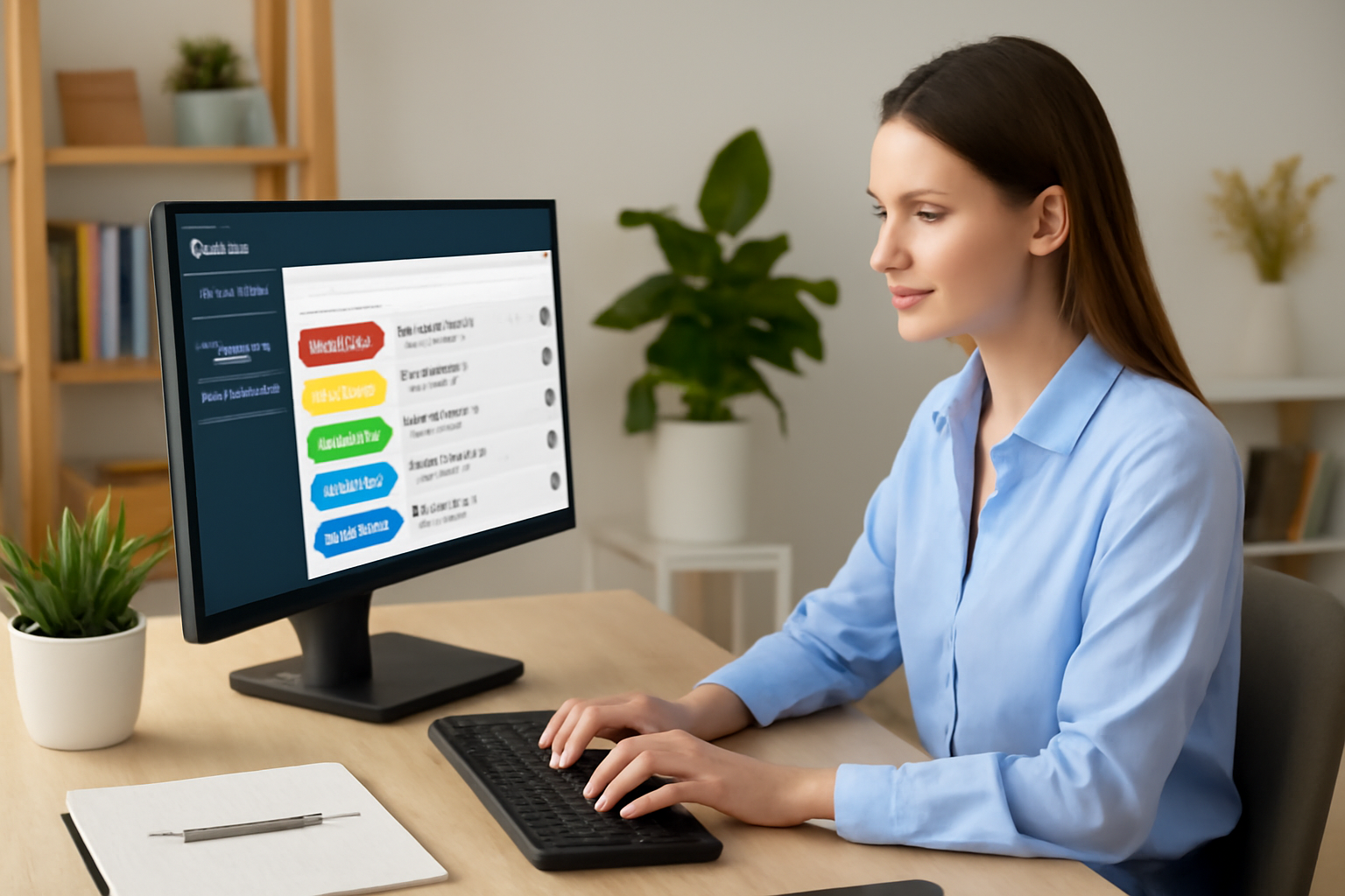 A young Caucasian woman with shoulder-length hair works in a clean, bright home office. She is focused on managing tasks on a computer, with an organized system in the background, including a tidy desk and minimal decor.