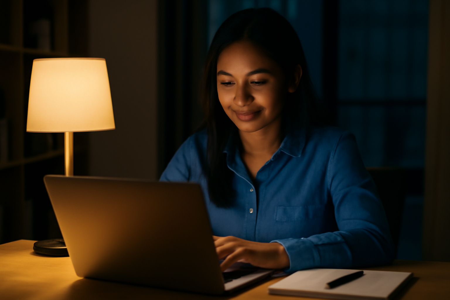 A young South Asian woman in a blue shirt works late at night in her home office, focused on sending a follow-up email from her laptop. A warm desk lamp provides soft lighting in the cozy setting