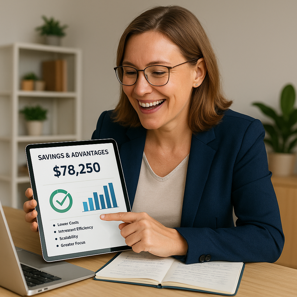 A business owner, smiling and reviewing a financial report, highlighting the savings and advantages of using remote CSR services for their brokerage.