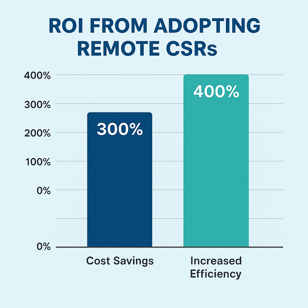 A 2D bar chart showing the return on investment (ROI) for using remote CSRs, highlighting significant cost savings and efficiency gains for insurance brokerages.