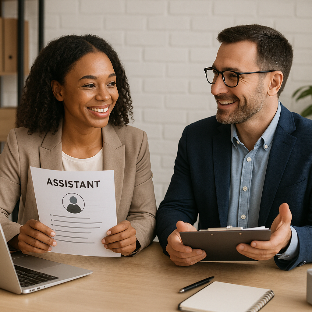 A professional man and woman in a meeting, discussing the process of selecting and hiring the right virtual assistant for business support.