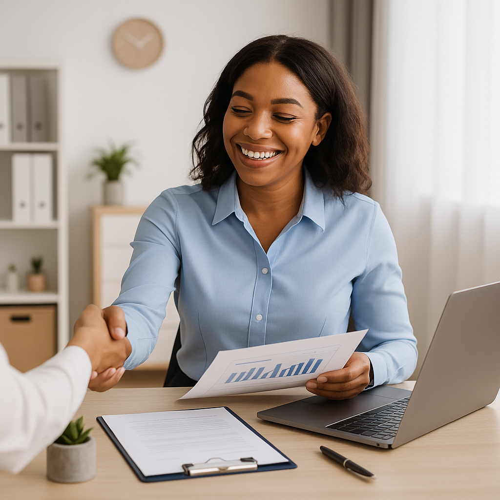 A happy, professional businesswoman in a modern office, smiling and working on a laptop, showing a positive work-life balance and increased professionalism.