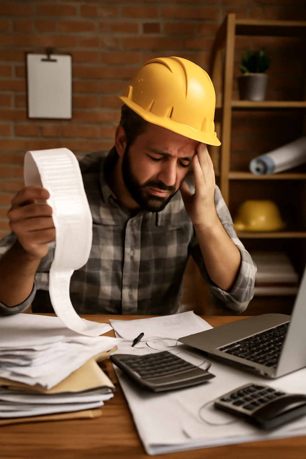 A construction project manager, looking stressed, surrounded by materials, paperwork, and documents, struggling to keep up with materials management tasks.