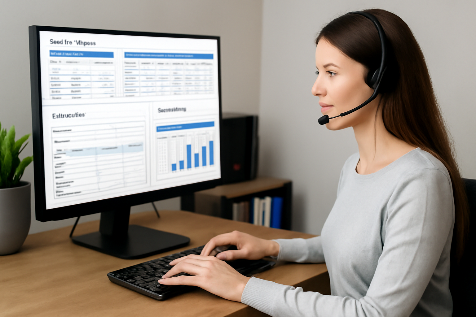 A virtual assistant working on a computer in a modern home office, coordinating materials orders and using a digital tracking system for construction management.