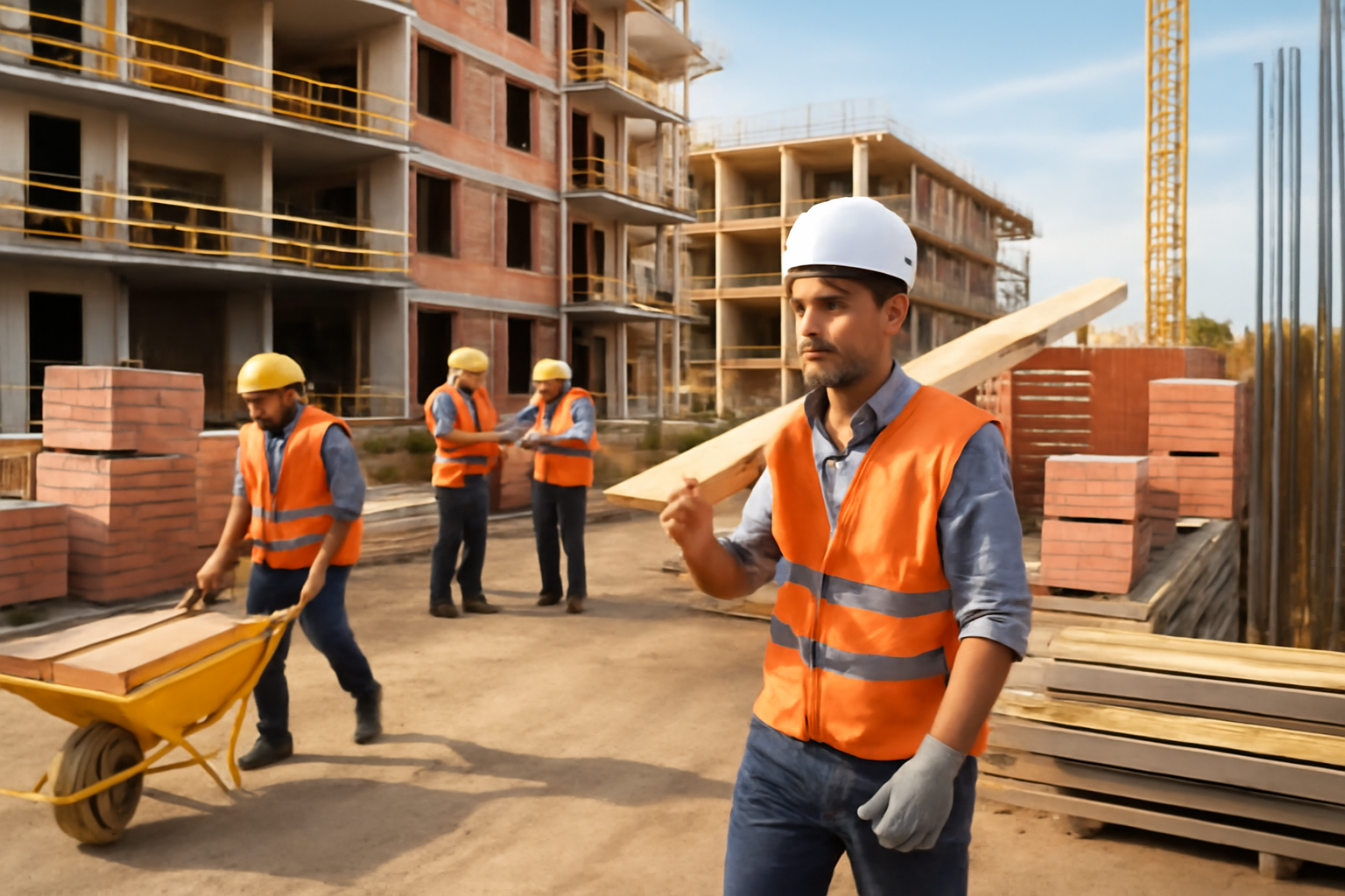 A construction site running efficiently, with workers actively completing tasks and materials arriving on time, thanks to organized management by a virtual assistant.