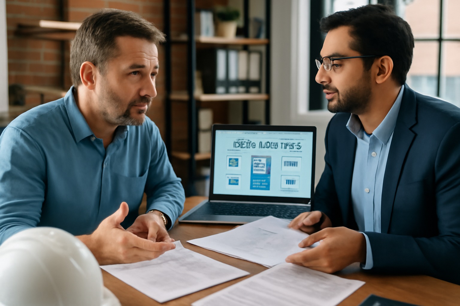 The image shows two professional men having a discussion in a meeting room, with paperwork and digital systems visible, as they plan to hire a virtual assistant for materials management.