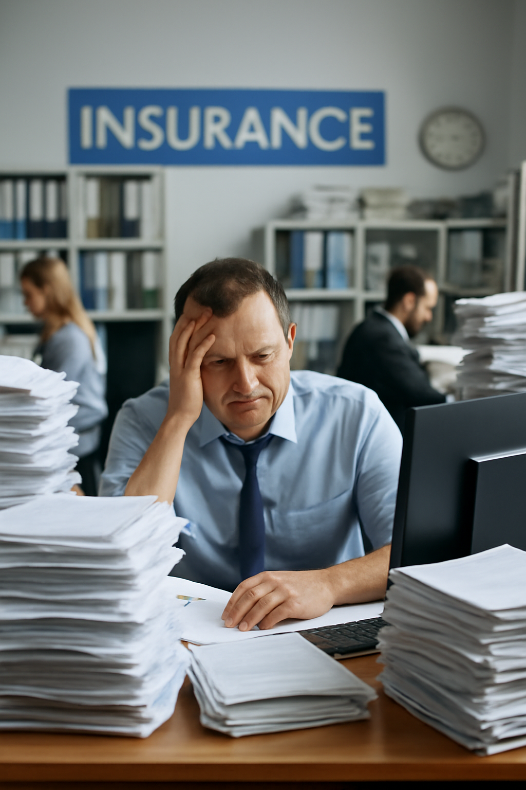 An insurance office filled with paperwork, illustrating the overwhelming workload and administrative challenges.