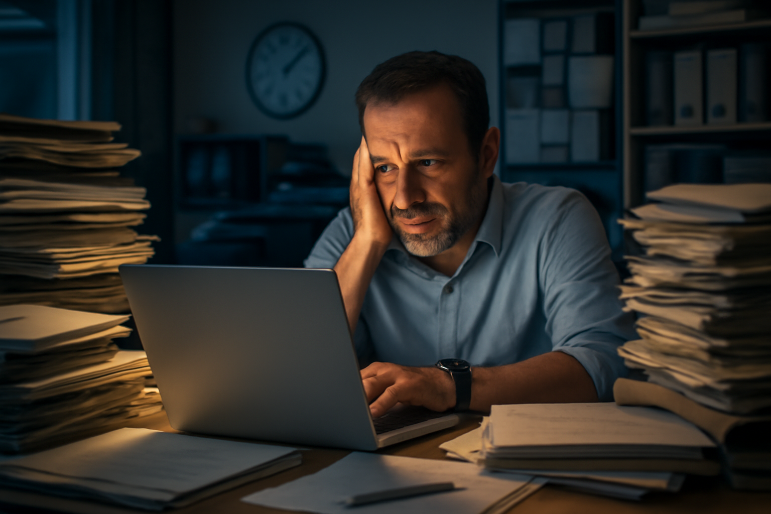 A middle-aged entrepreneur in a cluttered office, surrounded by paperwork and looking overwhelmed, highlighting the challenges of time management.