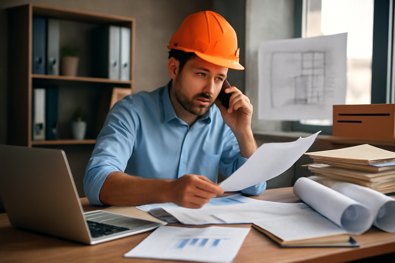 A construction business owner managing multiple tasks, including paperwork, phone calls, and project plans, highlighting the challenges of running a small business.