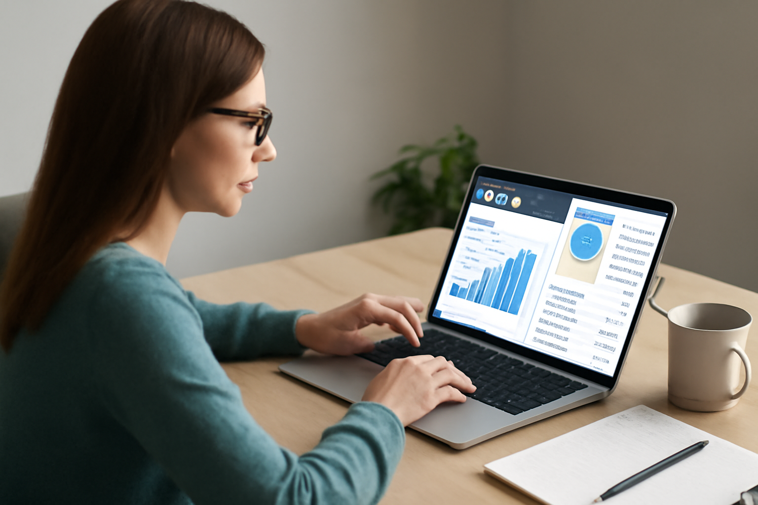 A person sitting at a desk with a computer screen displaying budget management software, tracking expenses, and preparing invoices.