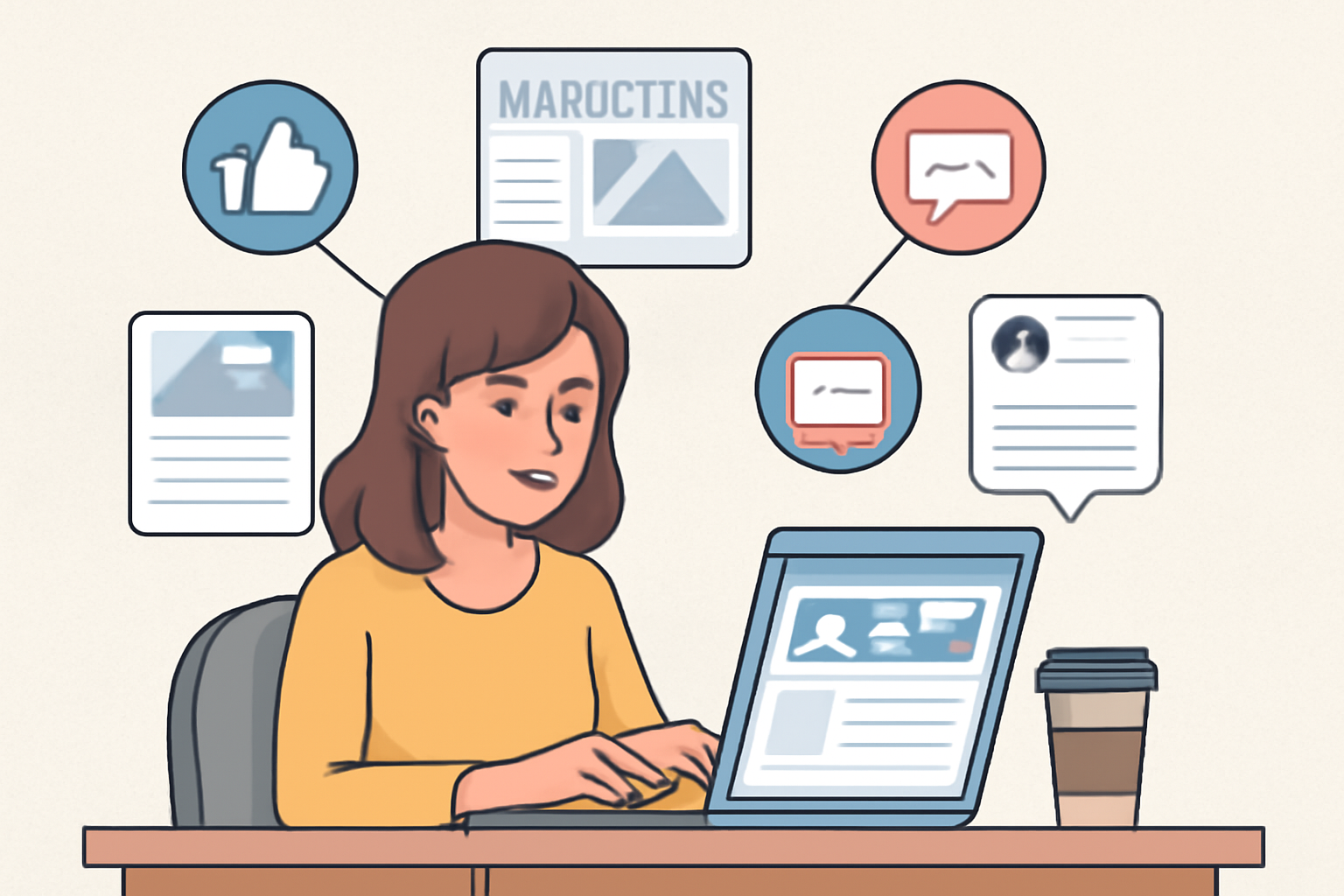 A digital illustration showing a virtual assistant managing social media, creating marketing materials, and engaging with clients, symbolizing business support.