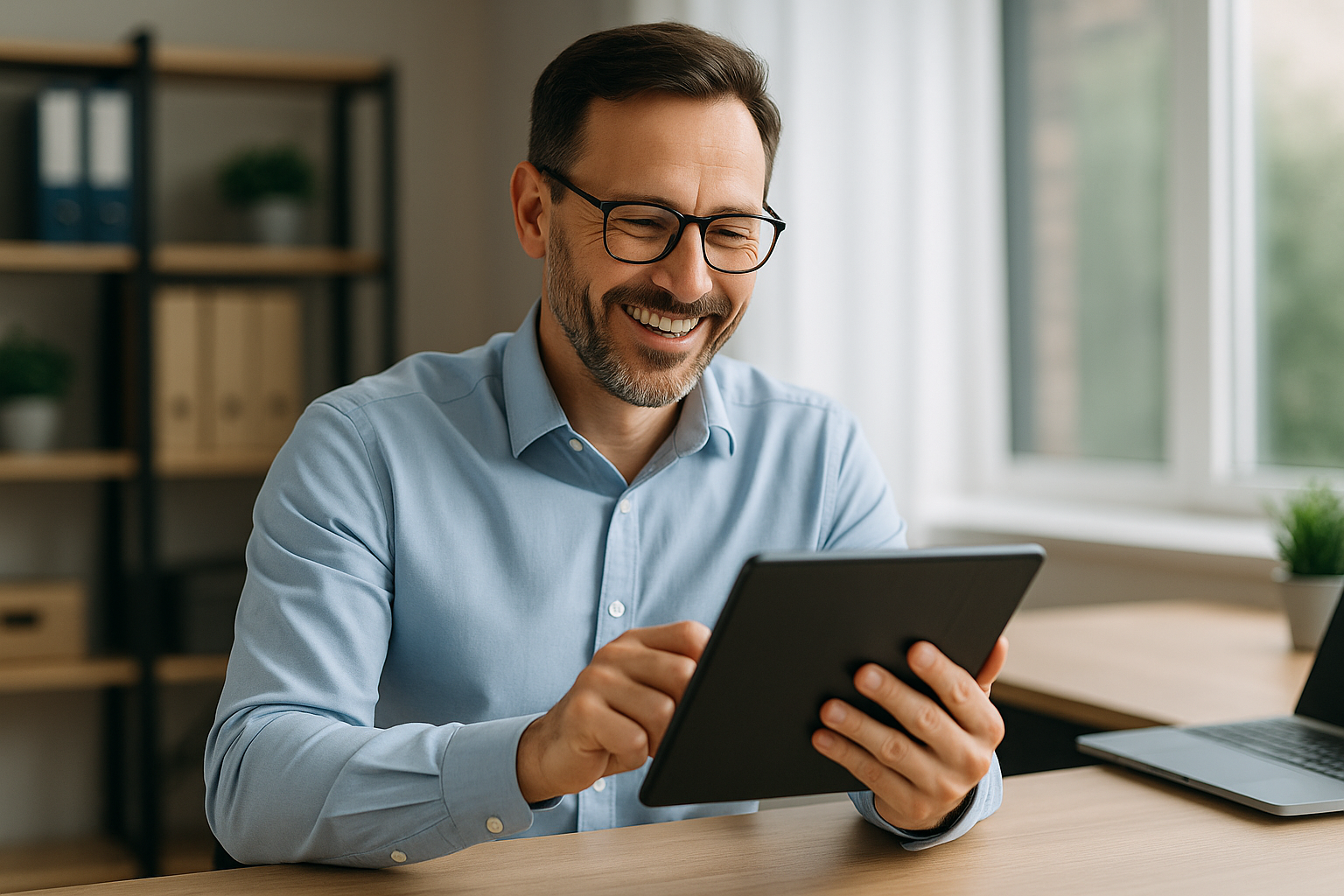A middle-aged entrepreneur with a digital tablet, smiling as they review their improved productivity and reclaimed time after hiring a virtual assistant.
