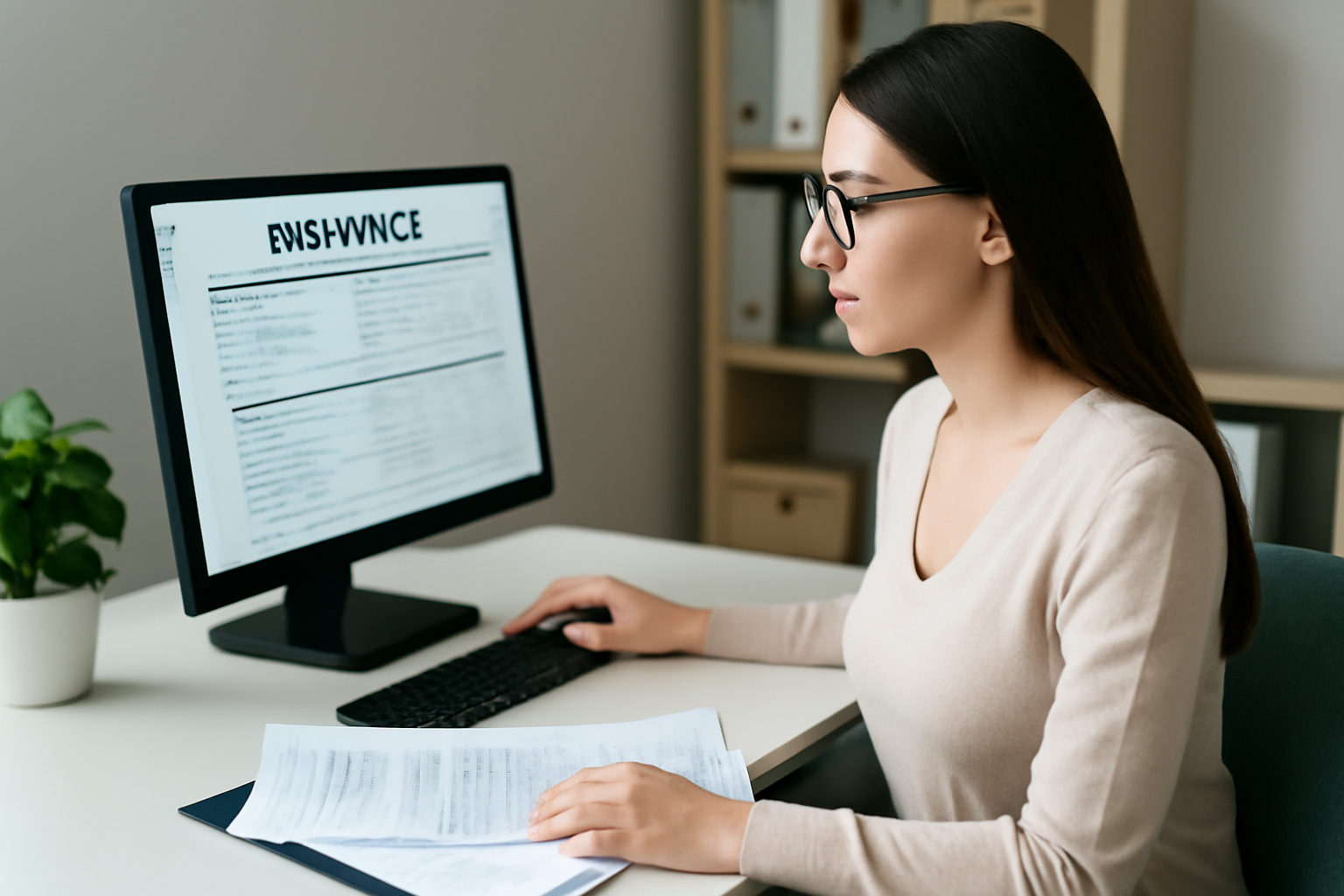 ADD STOCK IMAGE: VIRTUAL ASSISTANT WORKING ON A COMPUTER WITH INSURANCE DOCUMENTS OPEN