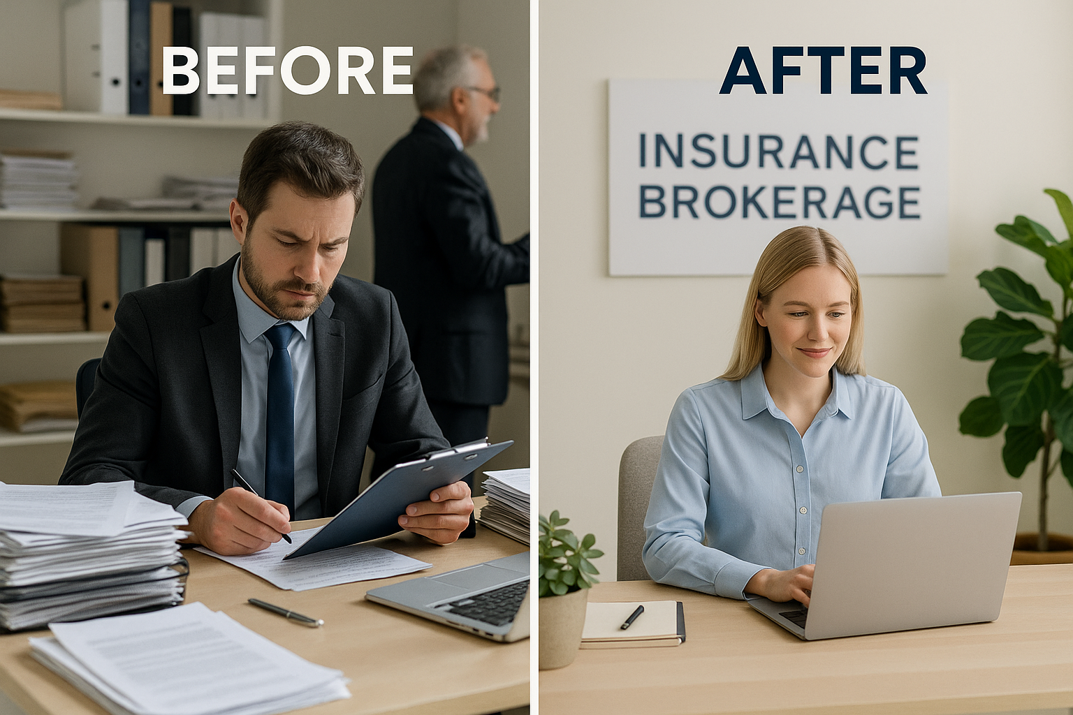 Before-and-after comparison showing a stressed man surrounded by paperwork in a cluttered office (Before) versus a calm woman working at a tidy desk in a minimalist office with the 'INSURANCE BROKERAGE' sign in the background (After)