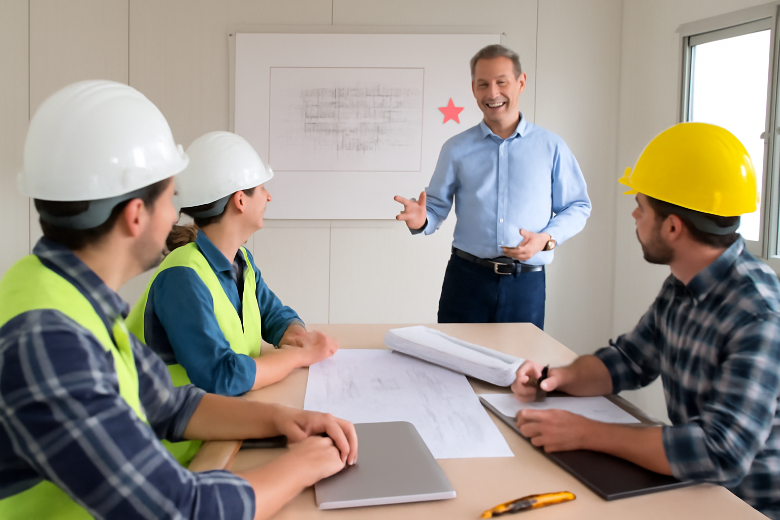 Construction business owner leading a meeting with a team in a jobsite trailer. The team, wearing safety helmets and vests, listens attentively as the owner stands at the head of the table, with blueprints and safety gear visible around them.