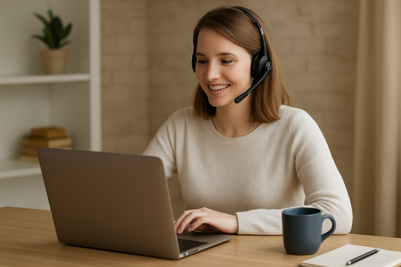 A young woman wearing a headset works as a virtual assistant in her home office, focused on her laptop screen. The workspace includes a blue mug, a notebook, and plants, with natural light filling the room.