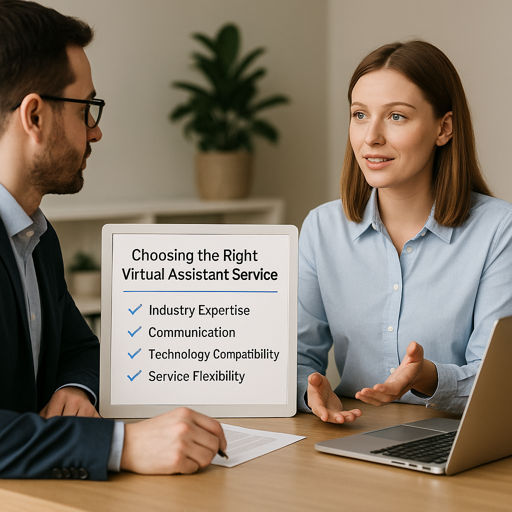 A professional meeting between a Caucasian man in a navy suit and a woman in a light blue shirt, discussing the key factors in choosing the right virtual assistant service. An infographic is displayed with checkmarks for 'Industry Expertise,' 'Communication,' 'Technology Compatibility,' and 'Service Flexibility.'