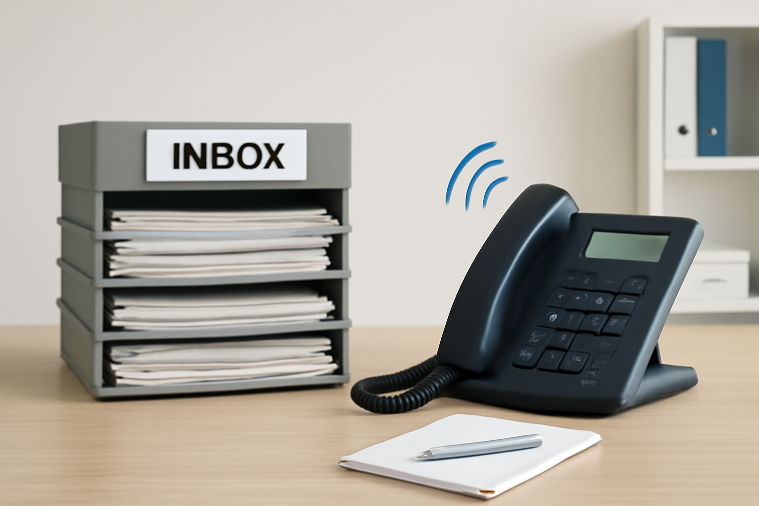 An organized office desk with a stacked inbox tray, a ringing phone with a green-lit screen, a notepad, and a pen, set against a neutral, clean backdrop.