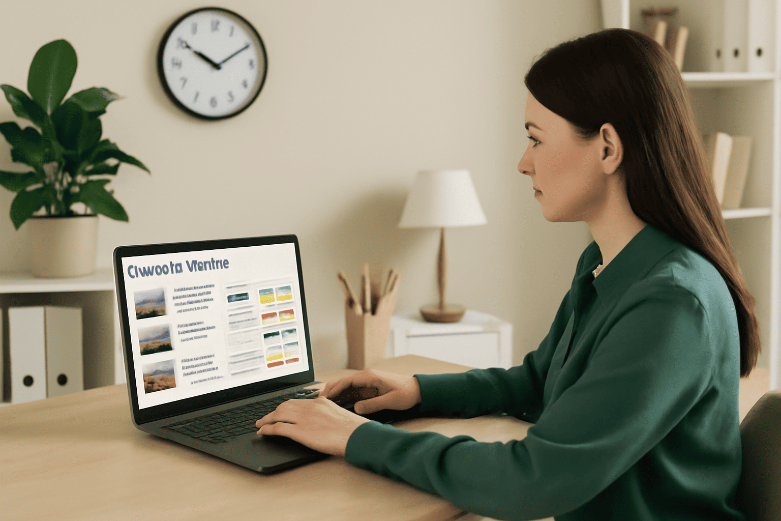 A woman in her mid-30s, wearing a green blouse, is working in a neat home office. She is focused on her laptop screen, reviewing construction job site updates on a project management dashboard, with plants and soft lighting around her.