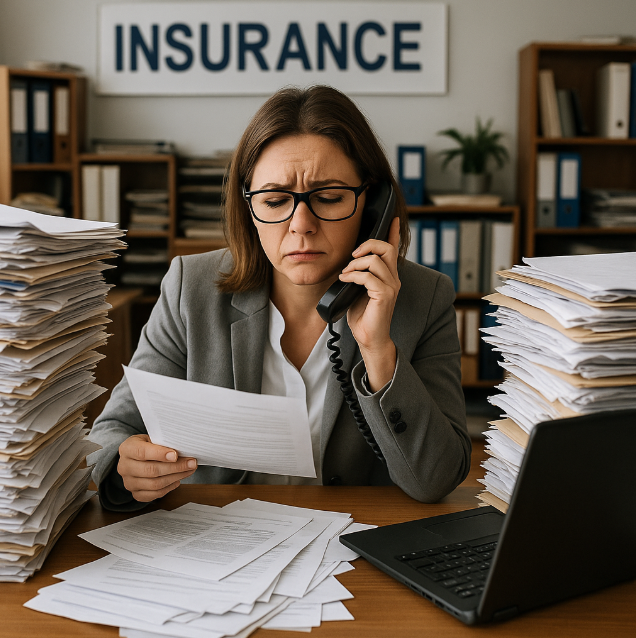A photo of a person overwhelmed by paperwork in a busy office environment, symbolizing the administrative workload insurance professionals often face.