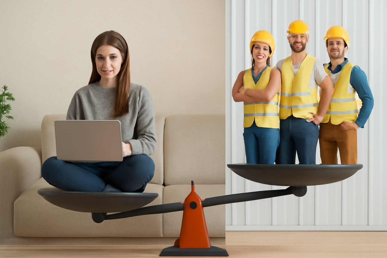 A remote worker sitting on a balance scale with a laptop, while three construction workers in safety gear stand on the other side, illustrating the contrast between a solo remote employee and a team of onsite workers.