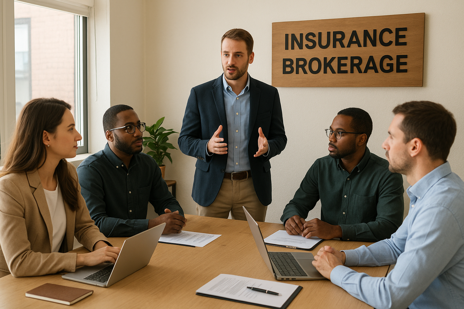 Four professionals engaged in a meeting in an insurance brokerage office. A Caucasian man is leading the discussion while three colleagues, two Caucasian and one African American, listen attentively. A sign reading 'INSURANCE BROKERAGE' is visible in the background.