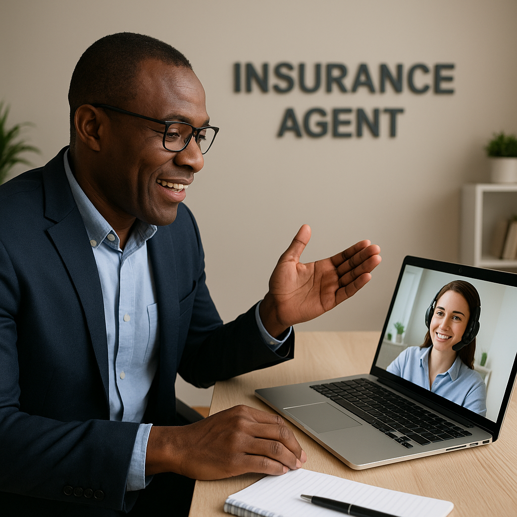 An insurance agent in a navy blazer engages in a video call with a remote team member. The agent, smiling and gesturing, communicates with a young woman in a headset, with a backdrop featuring the 'INSURANCE AGENT' sign and decorative plants.