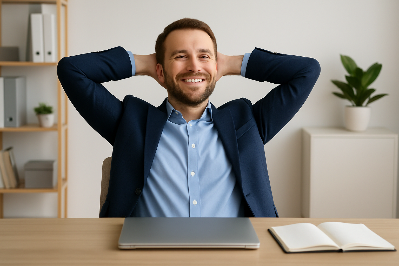 A businessman in a suit smiles and relaxes at his desk, with his arms behind his head, after outsourcing work. His laptop is closed in front of him, and the minimalist office features soft natural lighting and light wood accents.