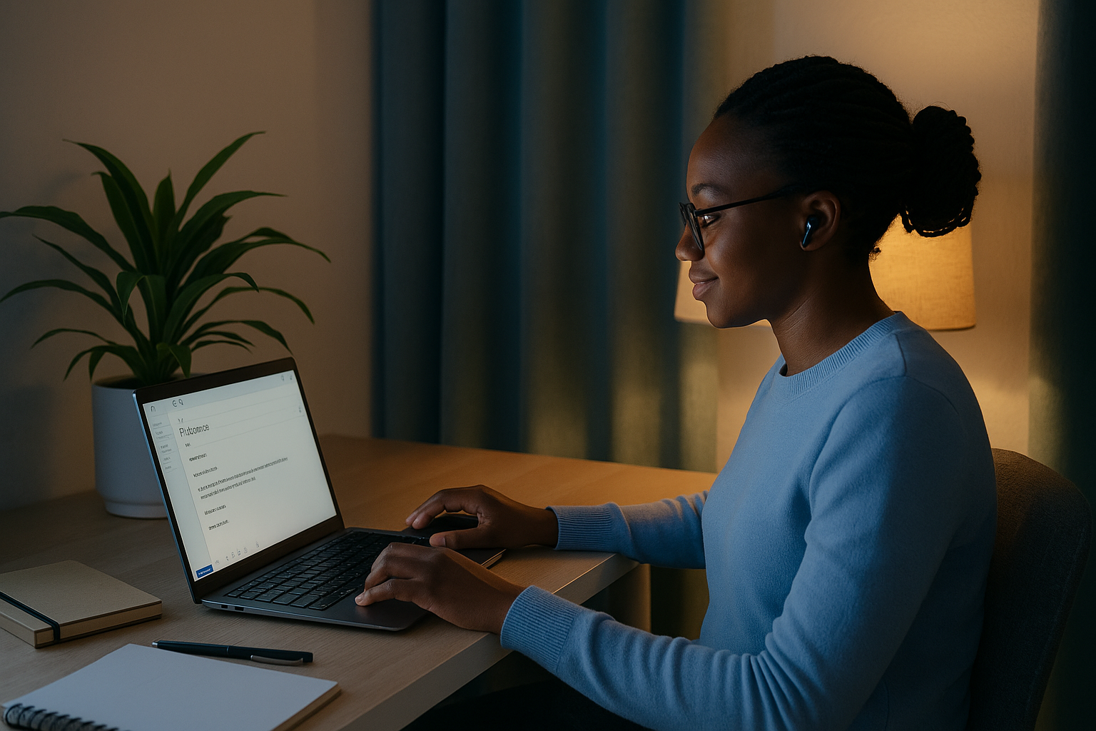 A young woman wearing glasses and a light blue sweater is working late at her home office, sending a follow-up email from her laptop. The cozy workspace includes a potted plant, a notebook, and soft lighting from a nearby lamp.