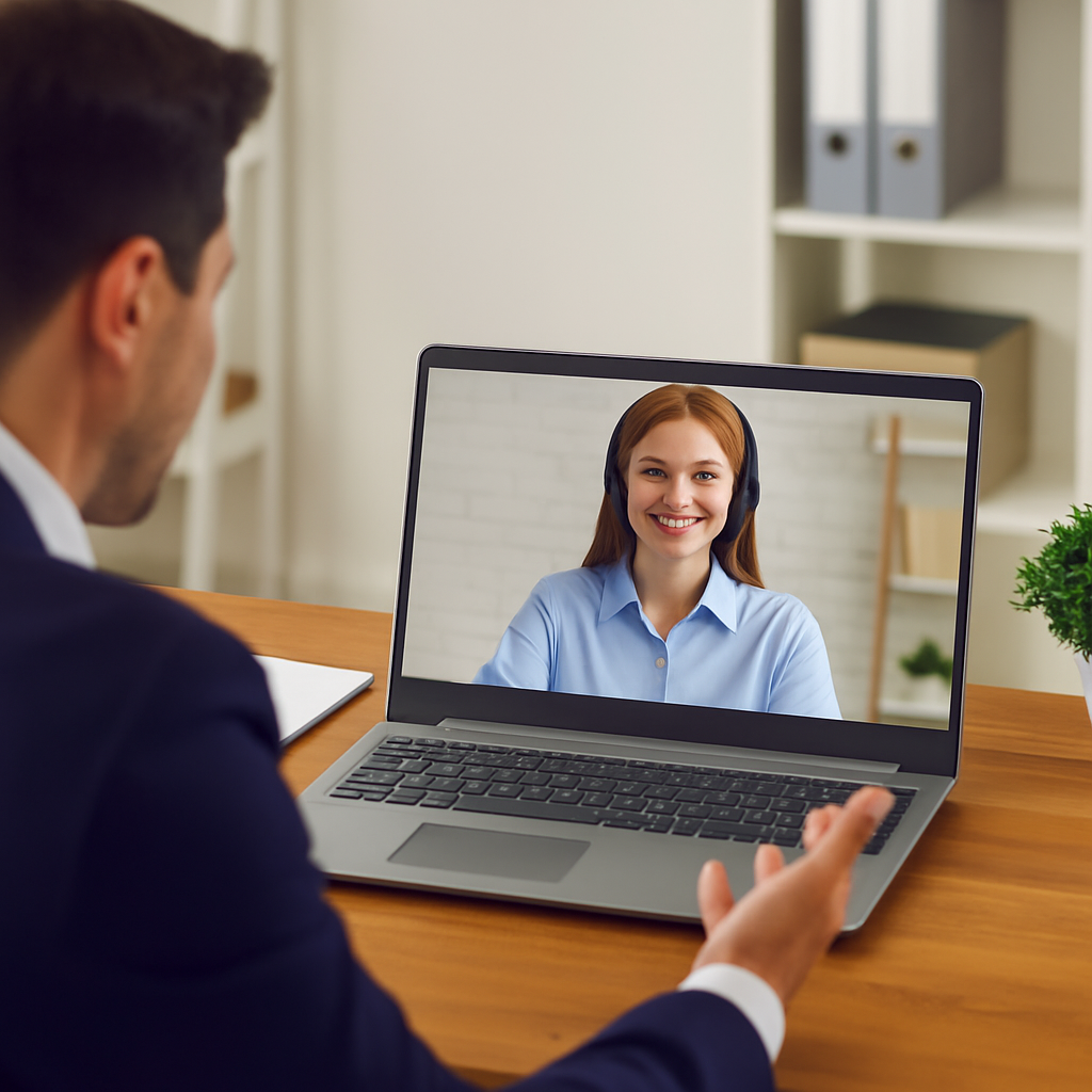 A Caucasian businessman in a navy suit collaborating with a virtual assistant via video call. The assistant, wearing a light blue shirt and headset, smiles from the laptop screen while the businessman gestures as they engage in the conversation.