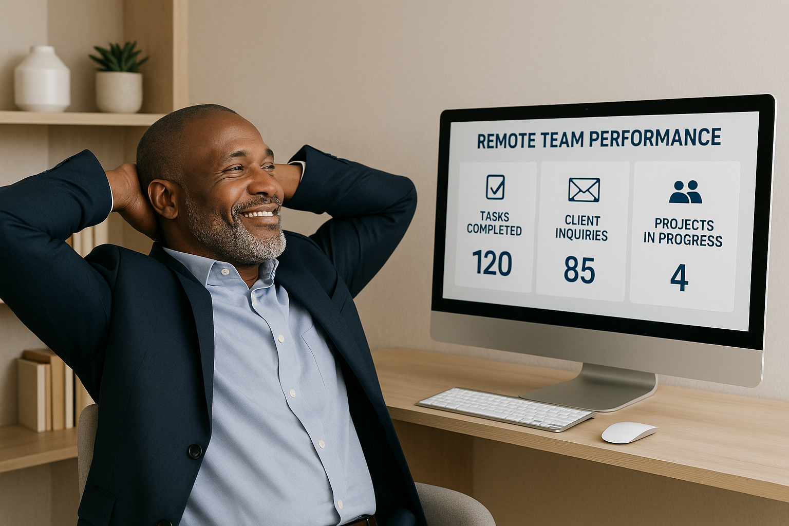 A confident insurance agency owner, dressed in a navy suit, relaxes in his modern office while reviewing the 'Remote Team Performance' dashboard on his computer screen. The screen shows metrics like '120 Tasks Completed,' '85 Client Inquiries,' and '4 Projects in Progress.
