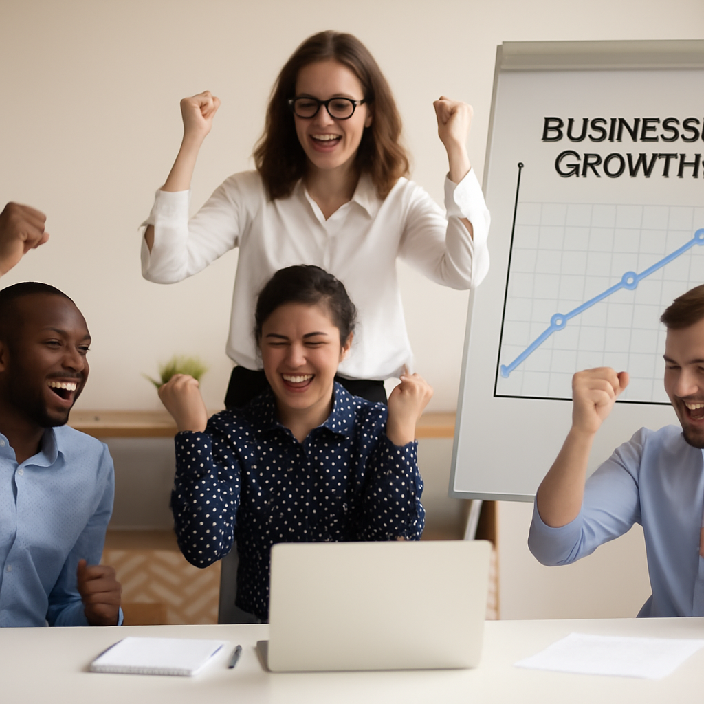 Four colleagues from diverse backgrounds celebrating a business milestone, with raised fists in excitement. In the background, a 'Business Growth' graph on a whiteboard shows positive progress.