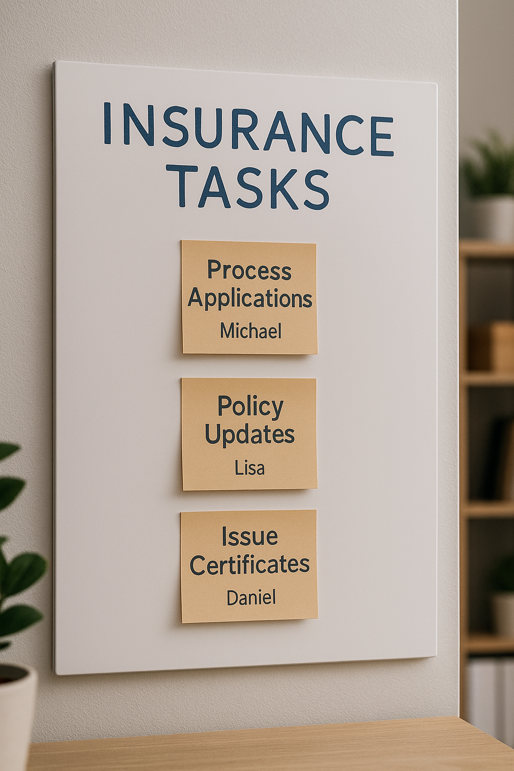 A task board in an office with assigned insurance tasks, including 'Process Applications' for Michael, 'Policy Updates' for Lisa, and 'Issue Certificates' for Daniel, all clearly displayed on sticky notes under the heading 'INSURANCE TASKS.'